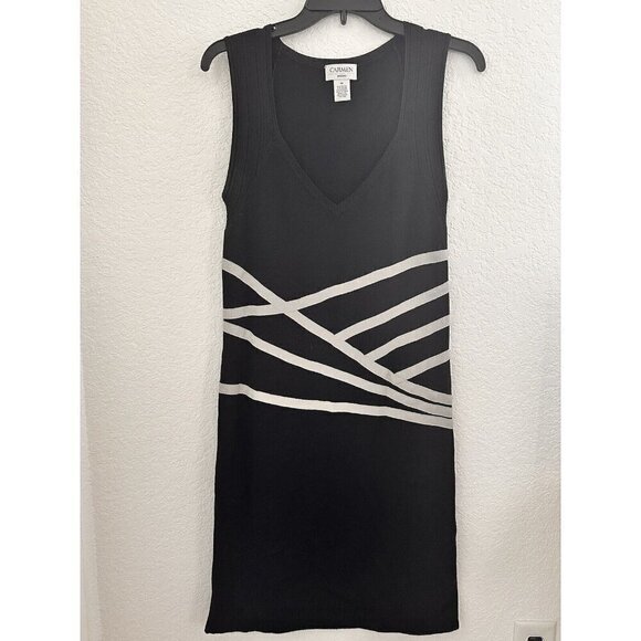 Carmen Marc Valvo Black / Grey Geometric Bodycon Sleeveless Knit Dress. Size M - Picture 5 of 9
